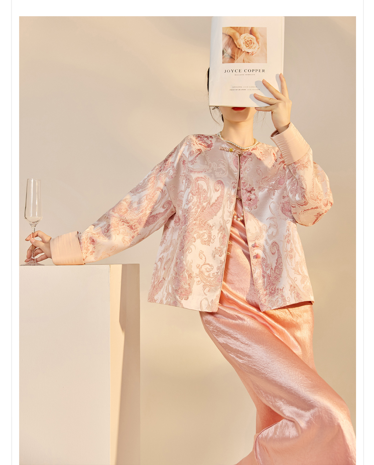 Áo khoác nữ kiểu Trung Hoa mới, chất liệu jacquard họa tiết nổi, phối khuy cài, form suông thu đông N9025 — Miju [phiên bản cotton], Hồng nhạt [phiên bản cotton], hồng nhạt, cơm cam chi tiết 25