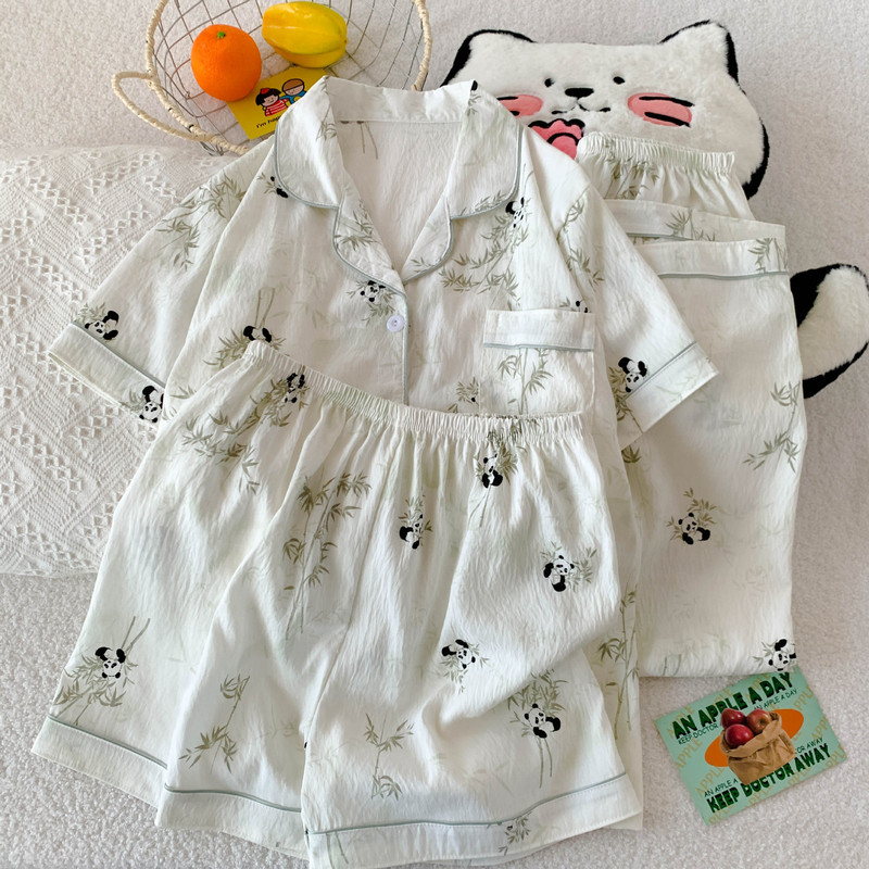 Three-Piece Suit Cartoon Cloud Cotton 2025 Summer Cute Floral Stripesd Print Cardigan Lapel Women's Pajamas