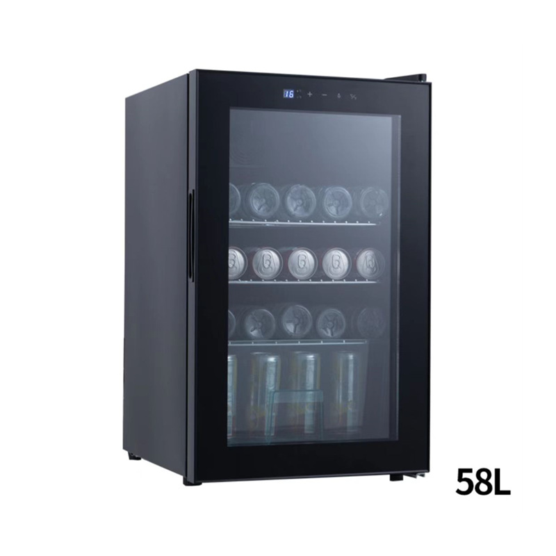Refrigerador de pantalla refrigerado pequeña puerta de vidrio transparente refrigerado por aire de dos personas lado del mundo abierto puerta única barra de hielo negro 70L