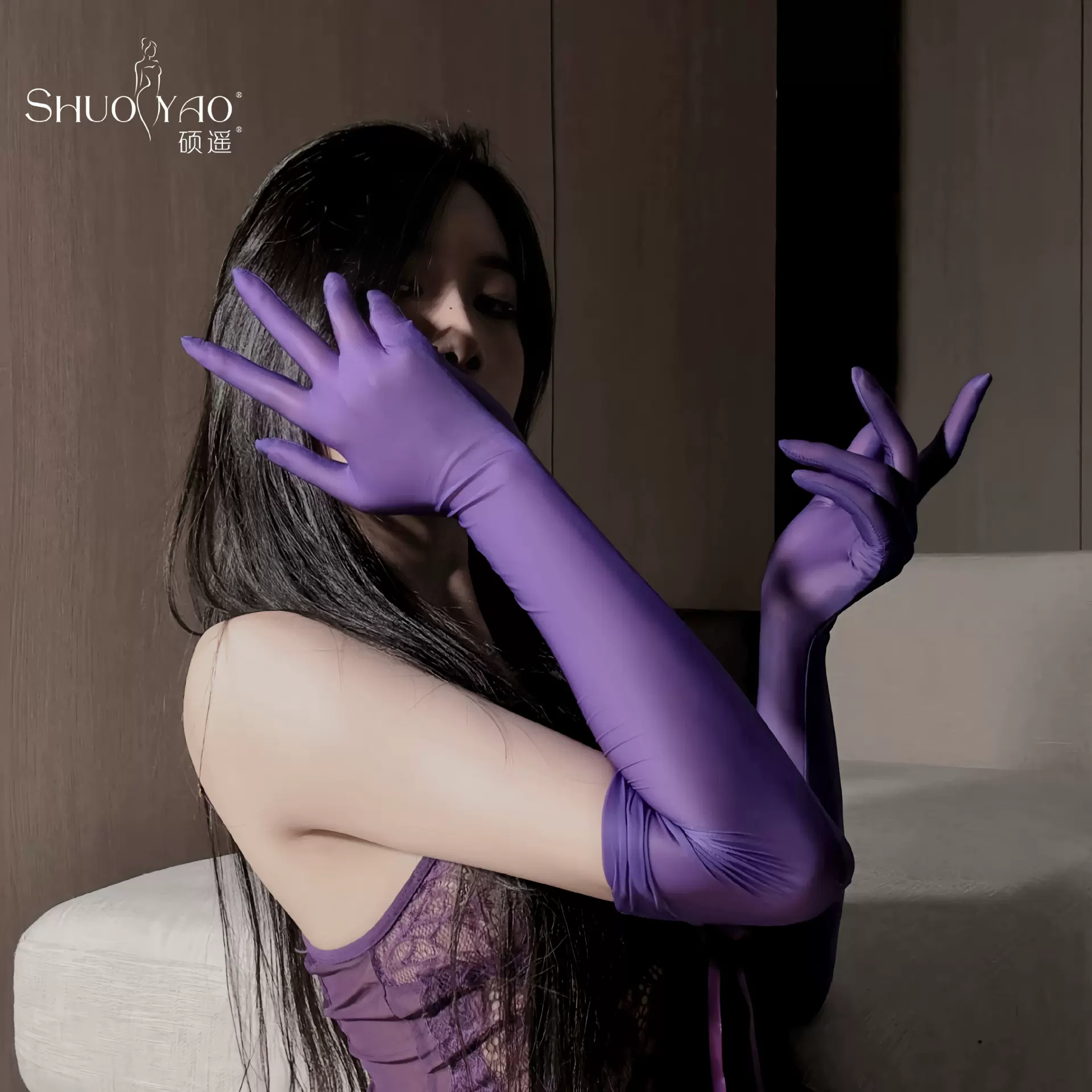 硕遥自慰撸管蕾丝超滑紫色油亮黑丝高密黑色百搭极光分指手套T50