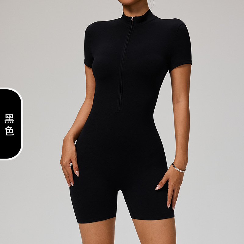 添亿欧美夏季拉链短袖瑜伽连体服女舞蹈健身紧身短裤运动连体衣|undefined