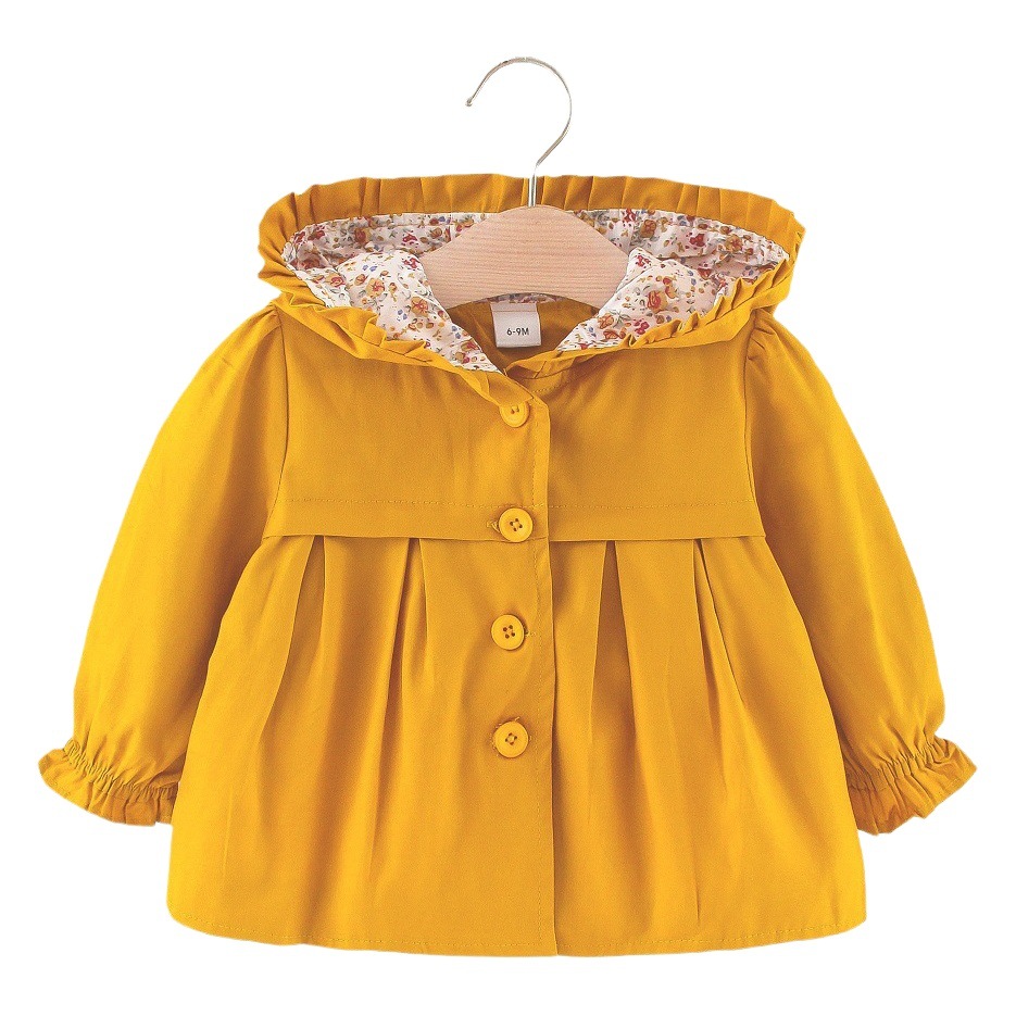 Autumn Girls' Foreign trade trench coat 2023 new children's floral clip solid color hooded single-breasted Korean style coat
