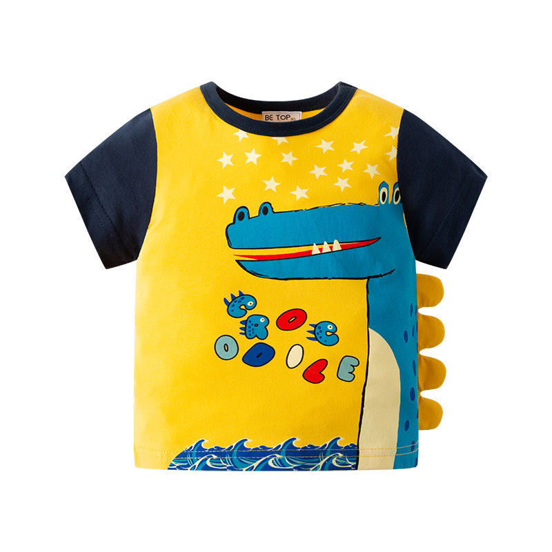 Nuevo verano dibujos animados dinosaurio de manga corta Camiseta niños ropa de verano patchwork manga corta estilo coreano entrega de una sola pieza ropa para niños al por mayor
