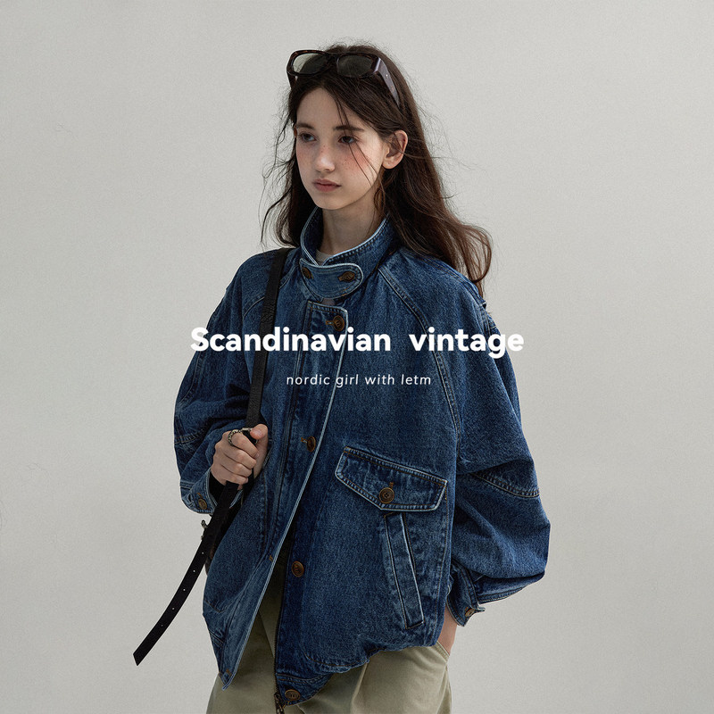 Letm Nordic vintage style/washed denim texture stand-up collar color-blocking silhouette bomber jacket for women