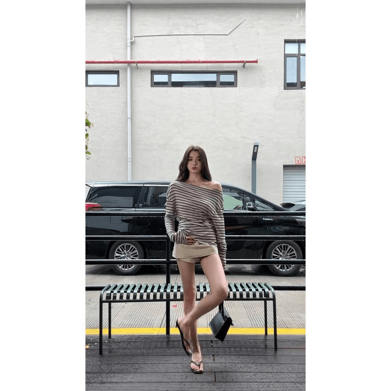 古早韩女感不规则斜肩条纹长袖防晒上衣辣妹短裙裤套装|undefined