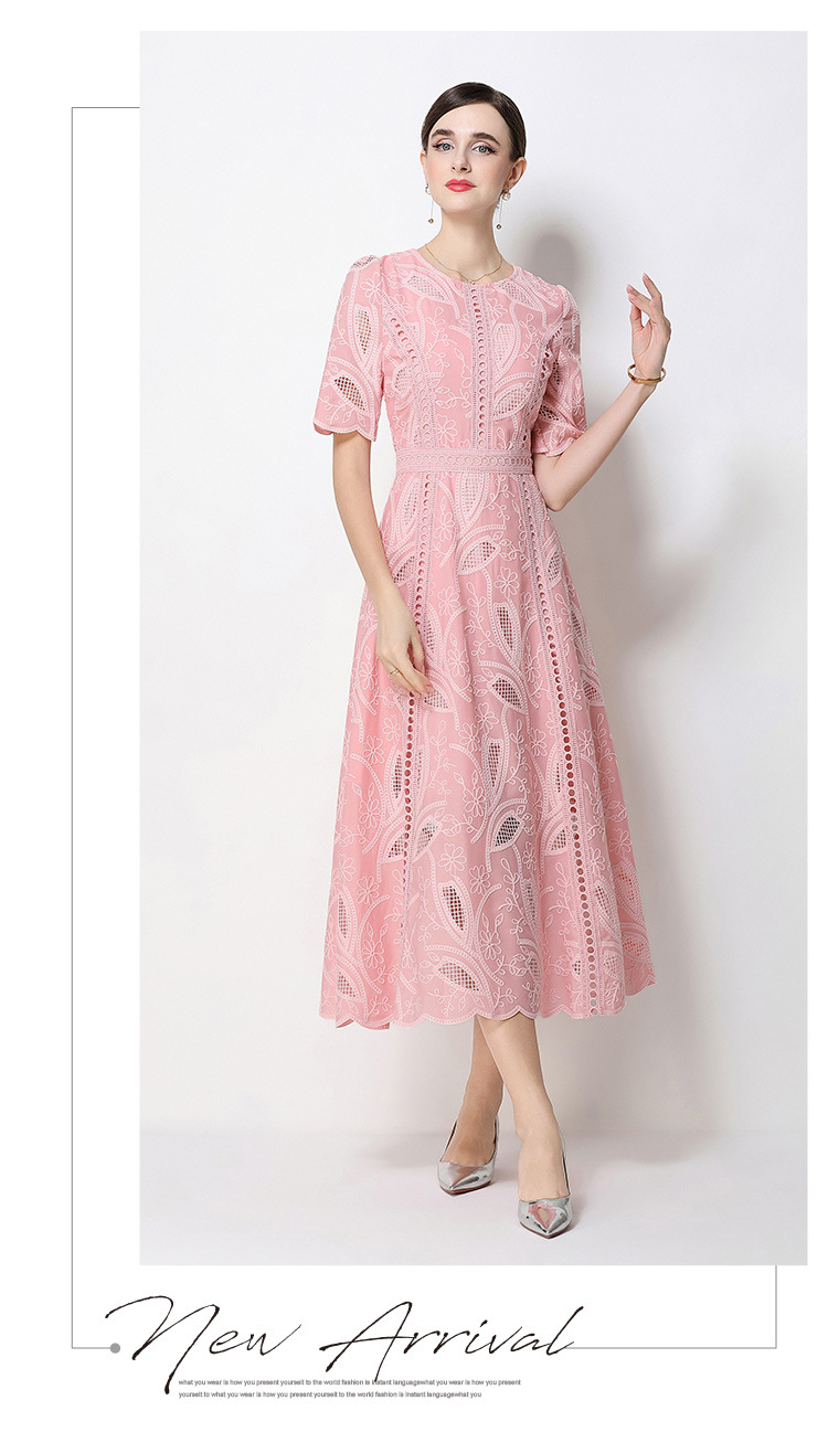 Đầm maxi nữ thắt eo cổ điển Pháp ren thêu họa tiết tay ngắn — màu đen, xanh nhạt, màu hồng, Xanh da trời nhạtcolor chi tiết 51