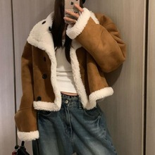 韩系双面穿鹿皮绒羊羔毛短外套女冬季加厚保暖皮毛一体机车服上衣