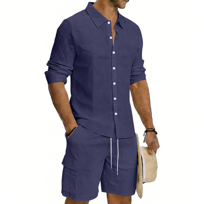 Summer Men's Linen Long Sleeved Shirt Casual Loose Fit Style With Multi Pockets Cargo Shorts Set_viptrois.com