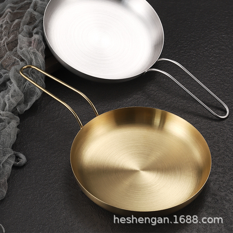 Plato de bocadillo de acero inoxidable barbacoa plana creativa con mango de oro comercial occidental postre plato redondo