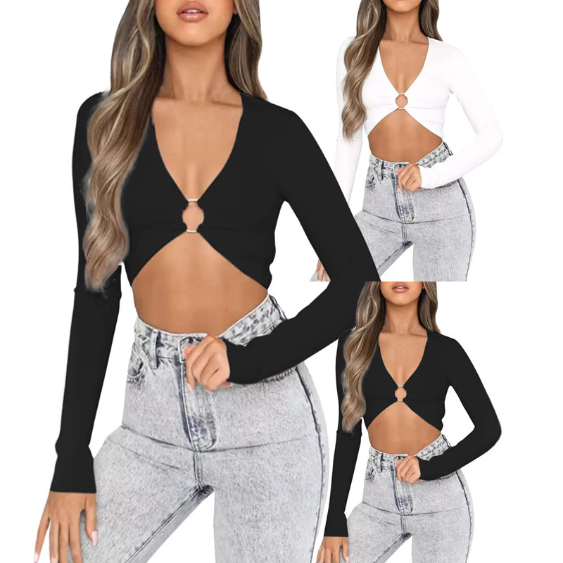 Foreign Trade 2025 Women's Spring and Summer Sexy Trendy Top European and American Carnival Nightclub Long Sleeve Navel-exposed Ring Vest