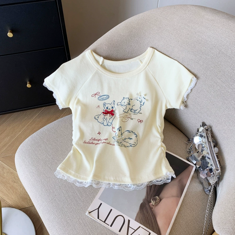 Сладкий уменьшенный возраст милый бант котенок кружевной рубашки с короткими рукавами