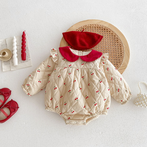 Baby autumn and winter clothes cherry quilted plus velvet bag fart clothes princess harem clothes baby girl newborn sweet onesie