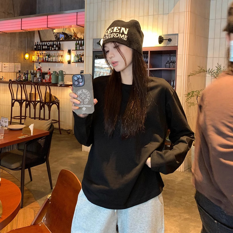 宽松长袖T恤女2025春秋新款纯色修身显瘦百搭打底衫白色外贸上衣|undefined
