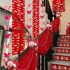 结婚楼梯装饰扶手护栏杆布置婚庆用品拉花仿真花婚房挂件婚礼大全