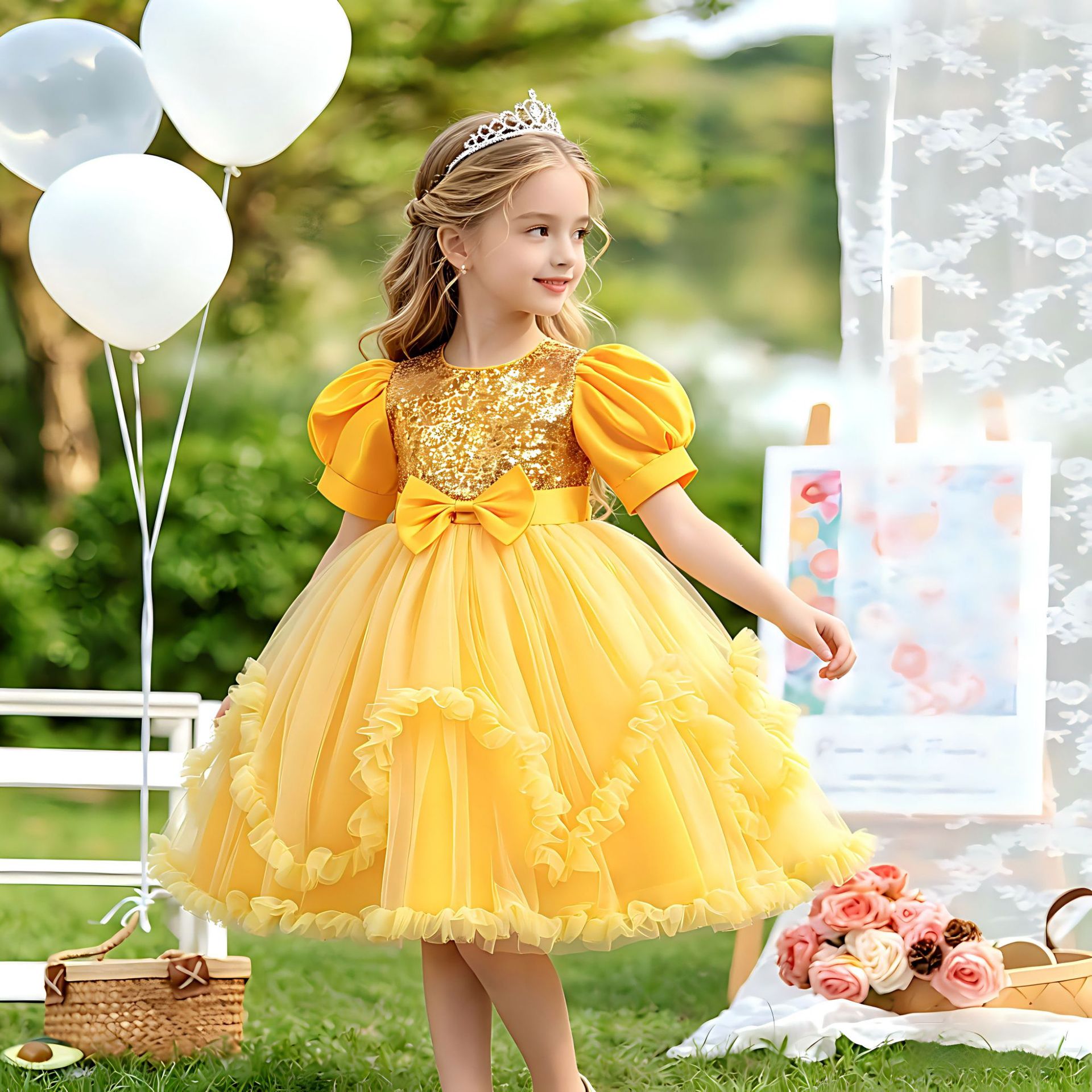 Uşaq üçün şənlik paltarı, sequin və mesh bəzəkli