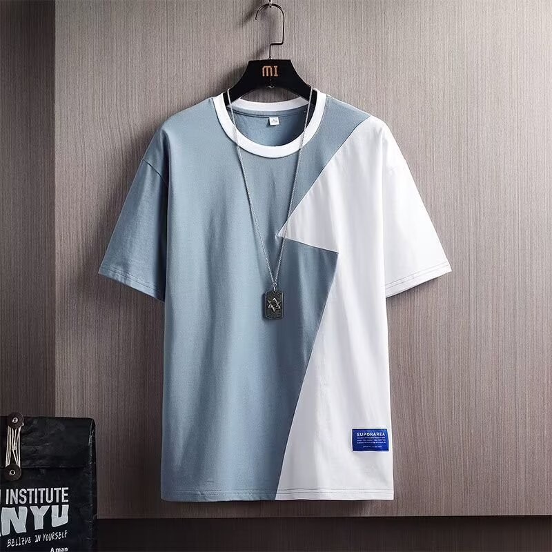 Camisa menos ropa costura de color de contraste camiseta de manga corta verano para hombres nueva tendencia de moda suelta chaqueta casual de manga de cinco puntos