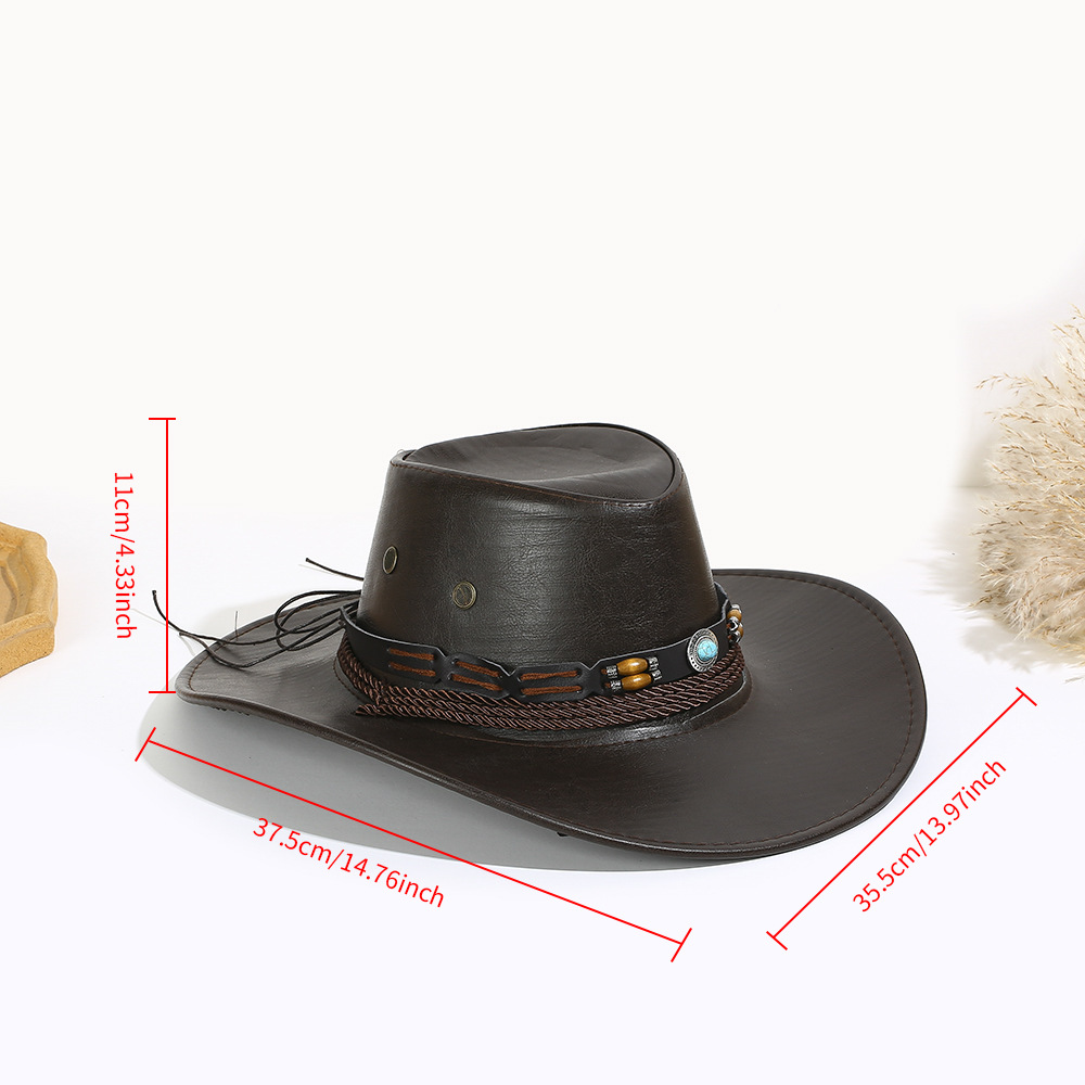 Unisex Ethnic Wind shade Western Cowboy hat Smooth leather PU Outdoor Sunblock rolled edge Knight top hat_voghion.com