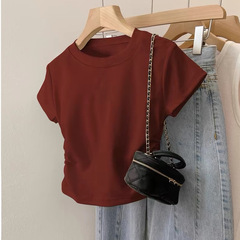 アメリカのレトロな肩の半袖のtシャツの女性2025夏の新型のギャルの修身の短いタイプの絶妙で独特な小さい上着