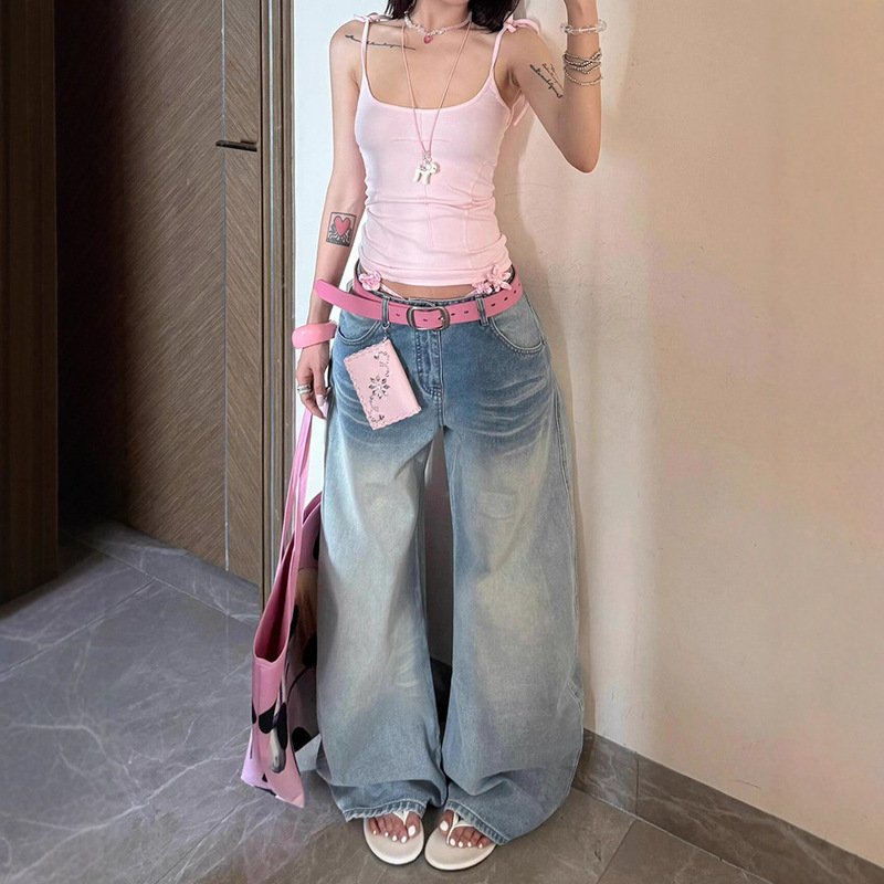 American-Style Washed Three-Dimensional Wide-Leg Jeans for Women 2025 Spring and Autumn Loose Slimming Versatile Floor-Length Scimitar Pants Trendy
