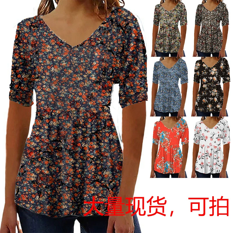 Европейская и американская трансграничная женская футболка на Amazon 2023 года, весенне-летняя новая футболка с V-образным вырезом и принтом, женский топ с короткими рукавами и поясом