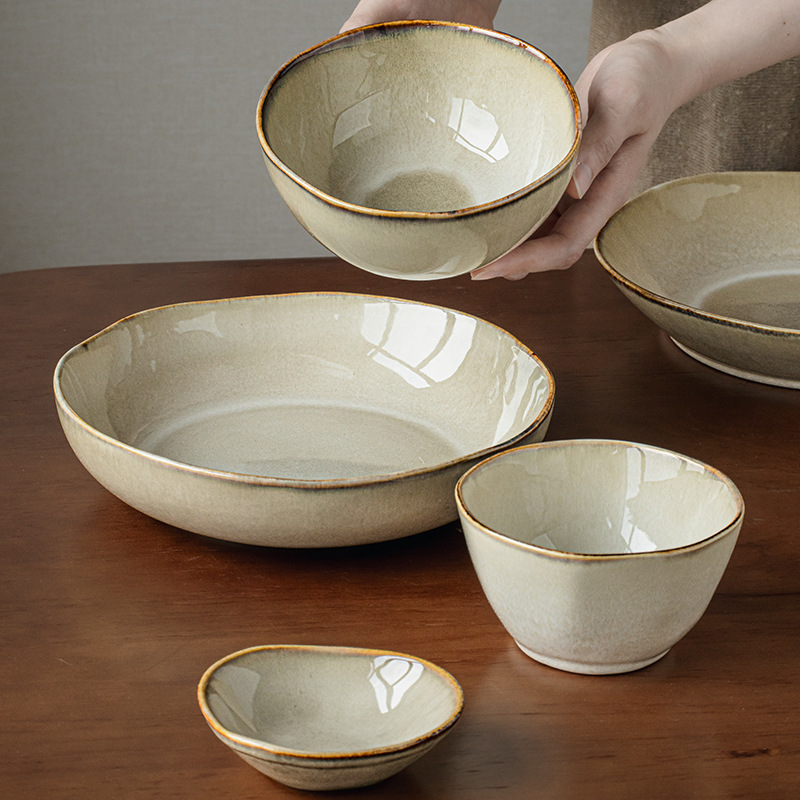 Yun Huang Series Nostalgic Irregular Ceramic Vegetable Bowl Featured Plate Japanese-style Neat Bowl Kiln Tableware Cross-border Export