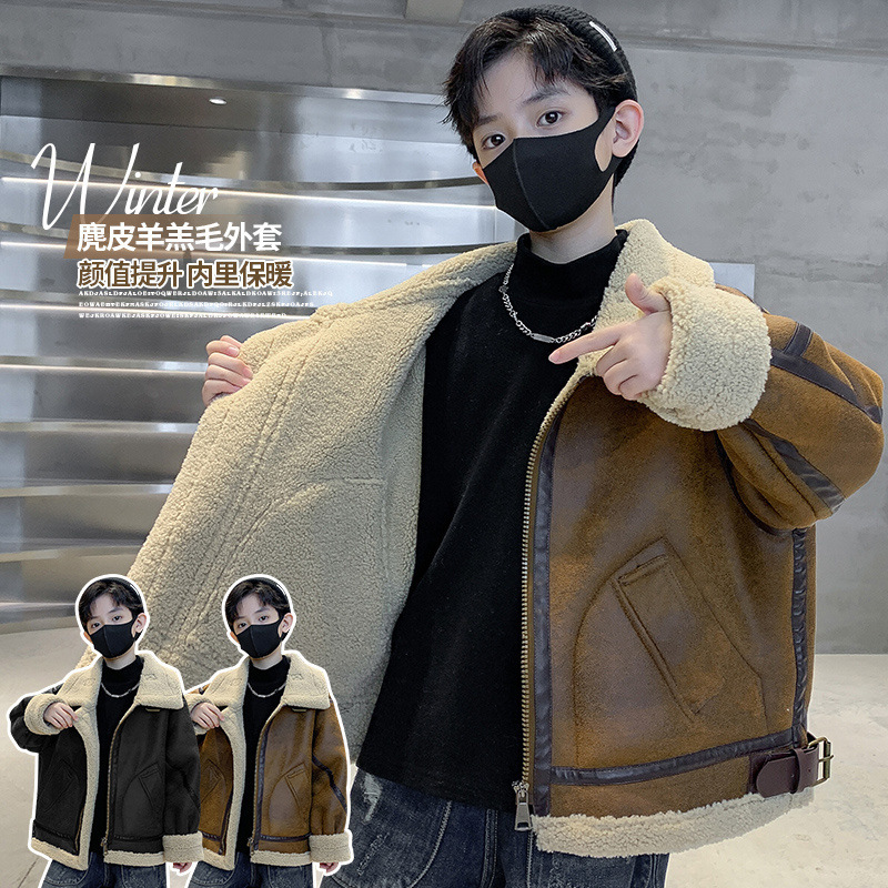 어린이 의류 소년 겨울 기모 가죽 코트 2024 새로운 CUCHK 어린이 가을과 겨울 튀긴 거리 코트 어린이 옷 조수