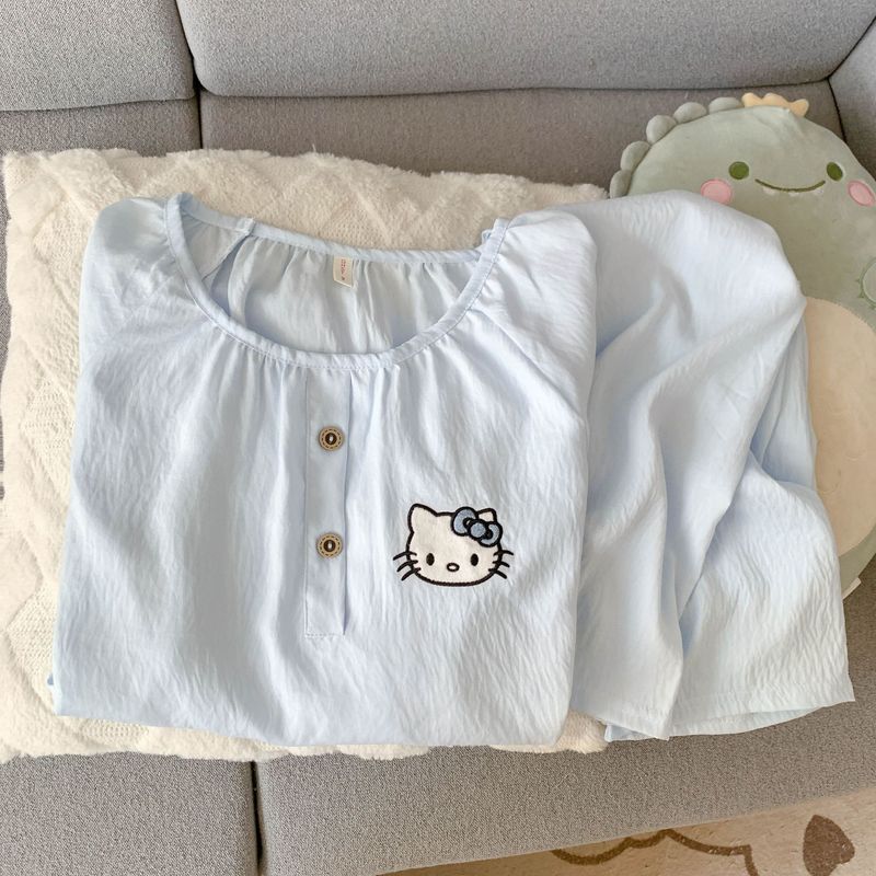 卡通KT猫长袖长裤春秋季睡衣女款云朵棉圆领可爱学生家居服套装|undefined
