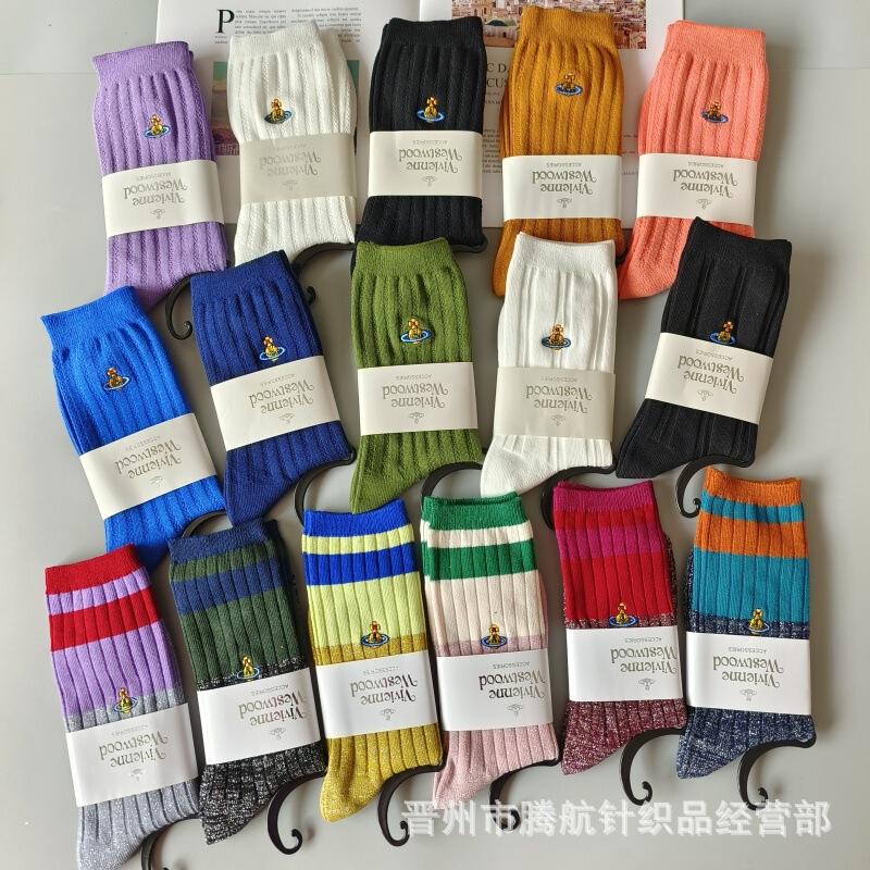 Japanese vivienne xiempress Saturn embroidered mid-calf women's vertical striped cotton socks gold and silver silk leg-shaping socks