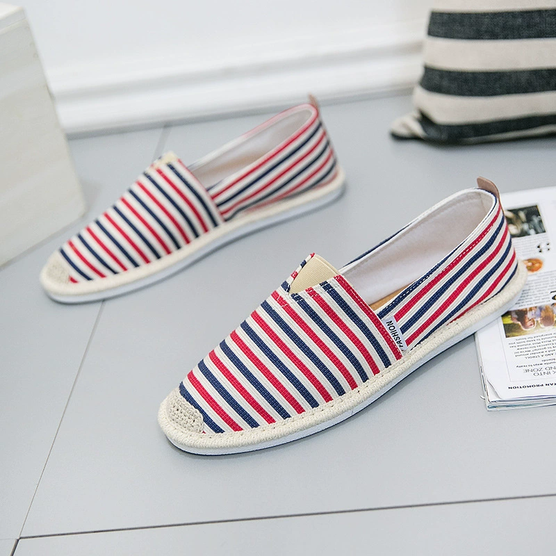Тканевые туфли в полоску мужские дышащие повседневные туфли Льняные соломенные рыбацкие туфли для студентов