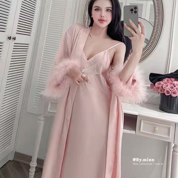 French Sexy Pajamas for Women, Extra Long Ice Silk V Neck Suspender Nightgown, Two-Piece Set of Ostrich Feather Home Clothes