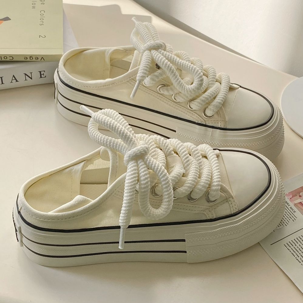 Cream White Thick Sole Two-Wear Canvas Shoes Women's 2024 New Autumn Women's Shoes Breathable Half-Drag One-Pedal White Shoes