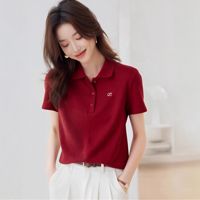 2025新款红色减龄百搭polo领撞色刺绣短袖衬衫女洋气刺绣翻领上衣|undefined