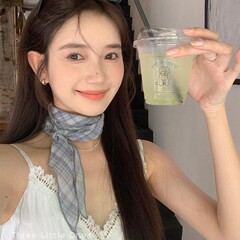 韓国系のレトロな青い格子の細い長条のスカーフの女性の高級感の百合系の首のスカーフの薄いタイプの2025新型