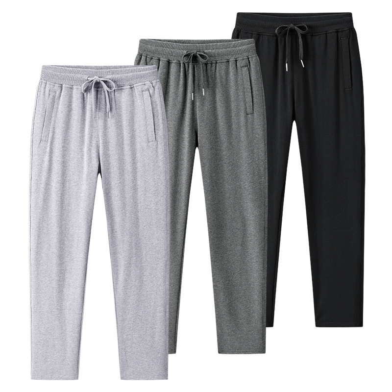 Men's Summer Thin Cotton Loose Fit Straight Casual Pants Breathable Long Pants Short Sleeve