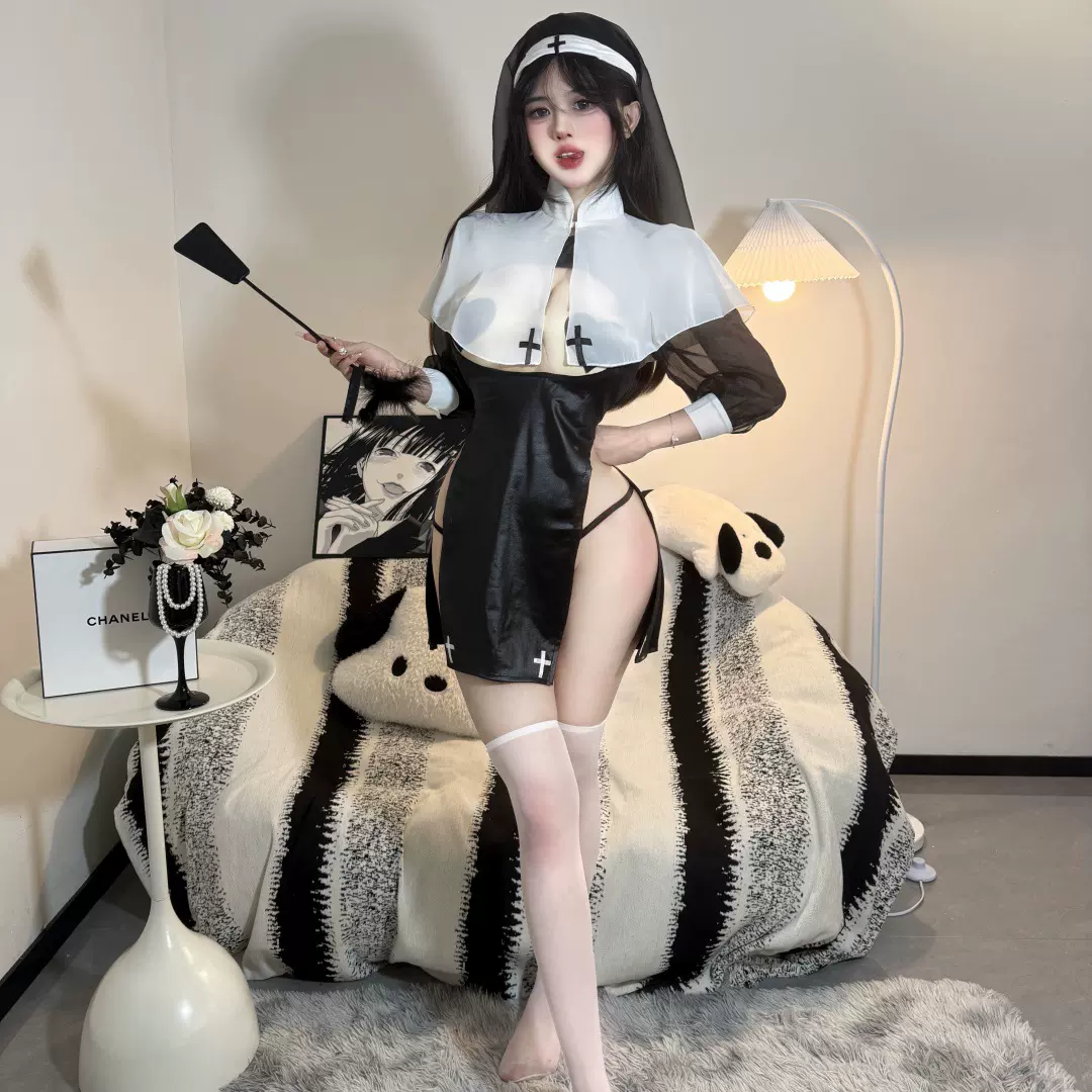 情趣内衣性感镂空万圣节修女角色扮演纯欲侧开叉十字架长袖连衣裙