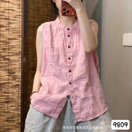 2026夏季新款亚麻衬衫女女文艺简约立领开衫百搭纯色无袖衬衣小衫