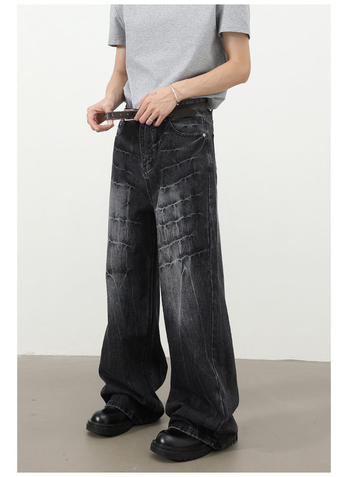 Quần jeans nam dáng rộng ống thẳng họa tiết sét chất liệu washed phong cách đường phố — màu xanh, màu xám đen chi tiết 9