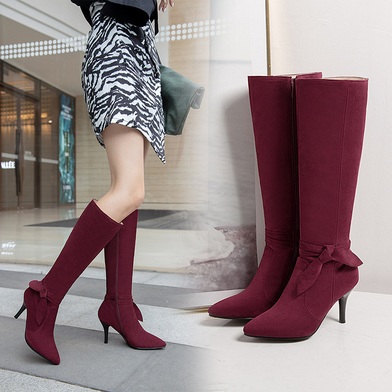 30-48 Sexy and Elegant Stiletto Women's Boots Bow Suede Side Zipper Knight Boots High Boots E381