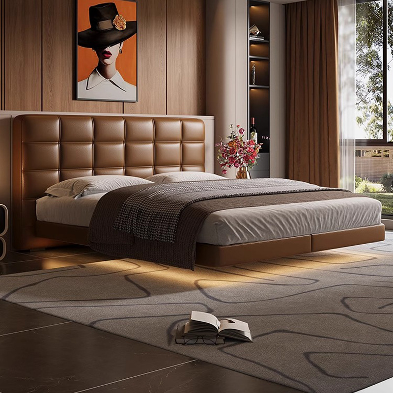 Cama flotante de Lawrence, cama de cuero de vaca italiana, cama de cama principal de alta gama, cama doble negra, cama de matrimonio