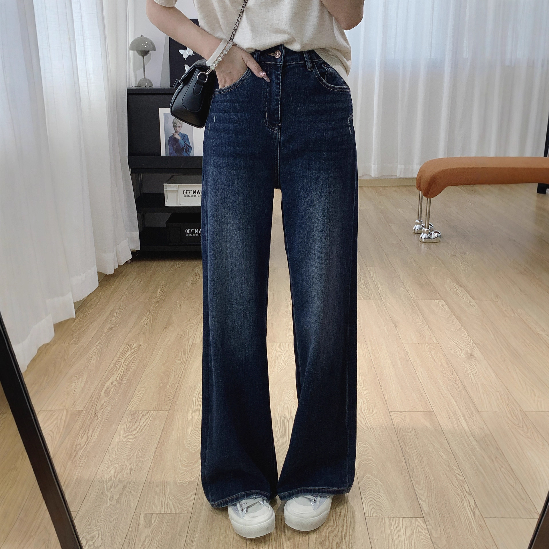 糯米软牛仔!磨破高腰显瘦垂感阔腿裤女秋季直筒牛仔裤秋G083020