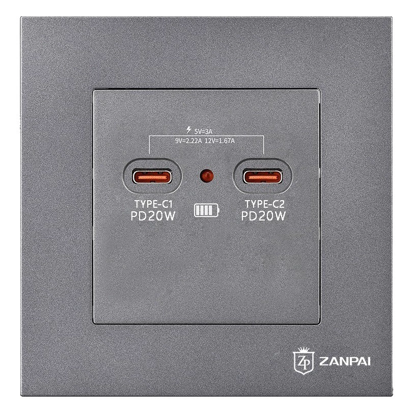Скрытая серая розетка для зарядки мобильного телефона из нитрида галлия мощностью 20 Вт Hyan 86, двойная TYPE-C панель розетки для быстрой зарядки