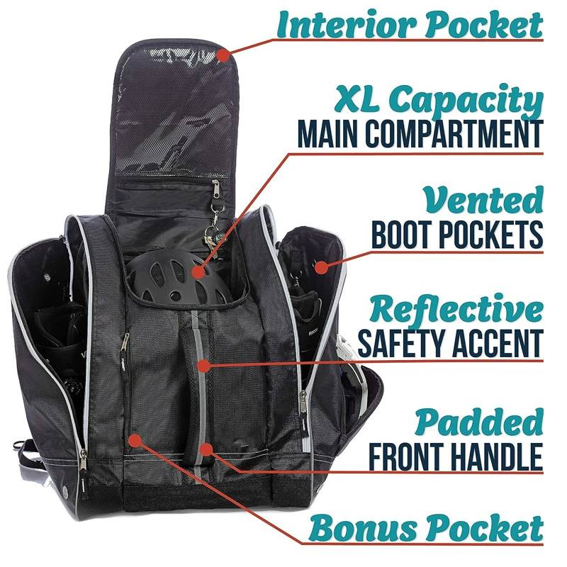 Capacious ski boots, ski suit, equipment, helmet, storage system, backpack