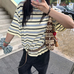 Cor25早秋新款蓝黑条纹针织短袖衫宽松圆领T恤女廓形休闲半袖上衣