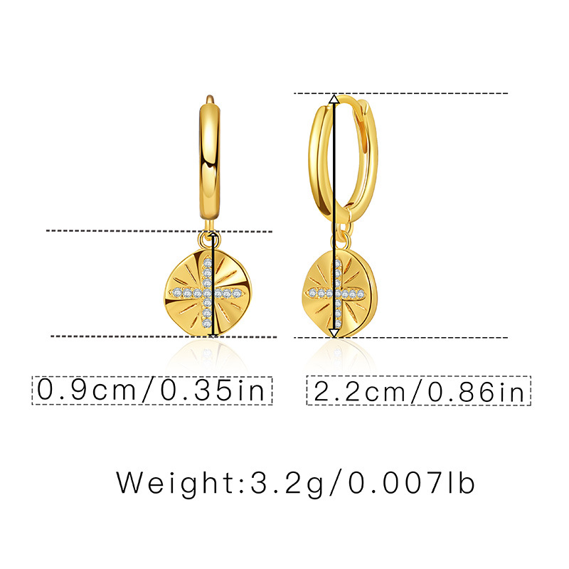 Copper Plated 18k Gold Small Disc Pendant Earrings Cross Creative Design Sense Micro-inlaid Zircon Earrings display picture 1