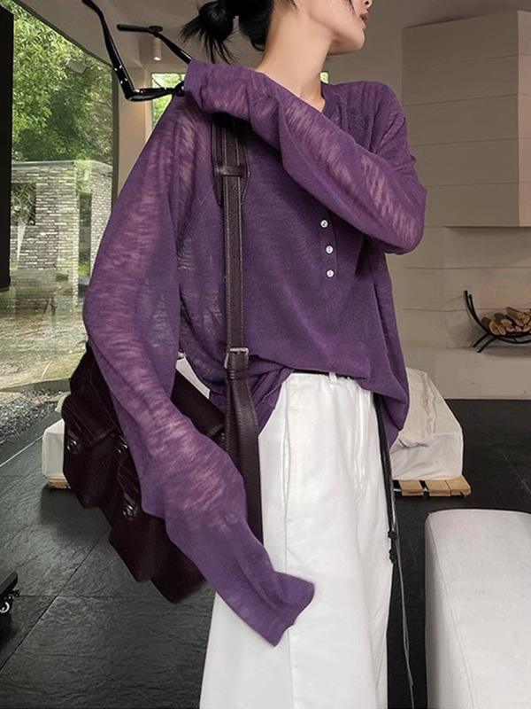 法式半开领长袖T恤女夏季薄款宽松慵懒风防晒罩衫高级感上衣紫色|undefined