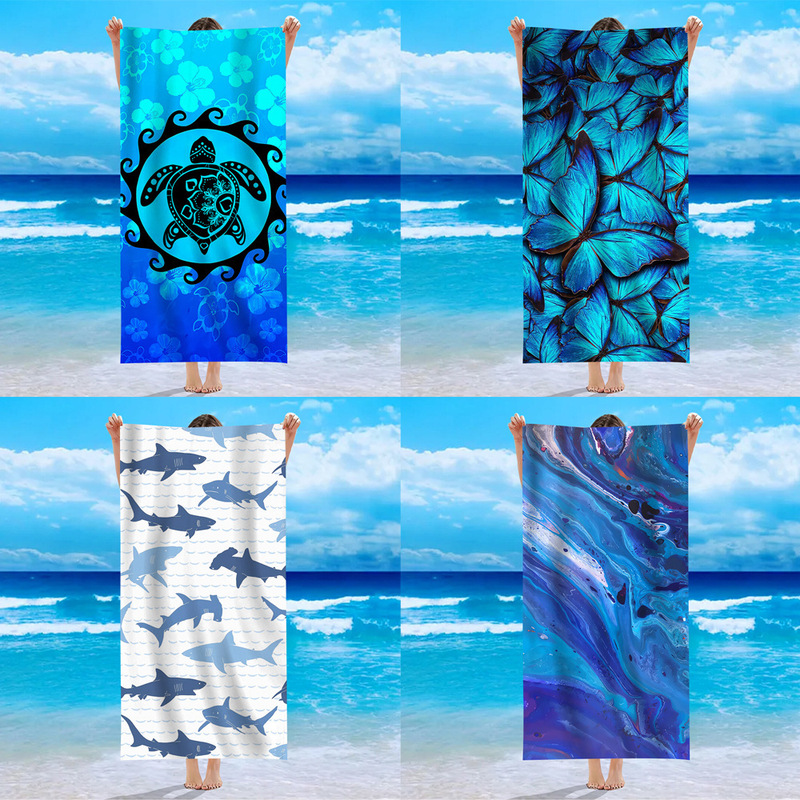 2023 Summer Amazon New Butterfly Shark Single-sided Velvet Foreign Trade Printed Seaside Turtle Single-sided Beach Towel