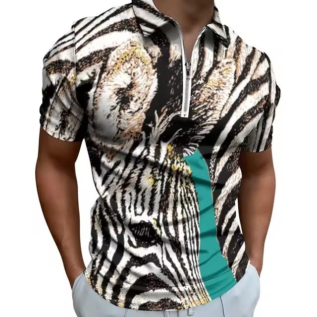 Camisa POLO con cremallera de manga corta suelta y transpirable con estampado 3D de graffiti a rayas irregulares de colores personalizados para hombres