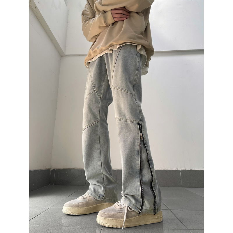 Cement-Colored Jeans with an American Retro Vibe, Slim-Fit Smoke Gray Straight-Leg Flared Pants for Men, High Street Fashion Brand