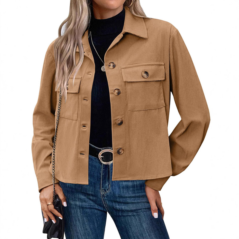 Amazon 2025 Hot Style European and American Fashionable Casual Short Shirt Corduroy Button Navel-Baring Jacket Top