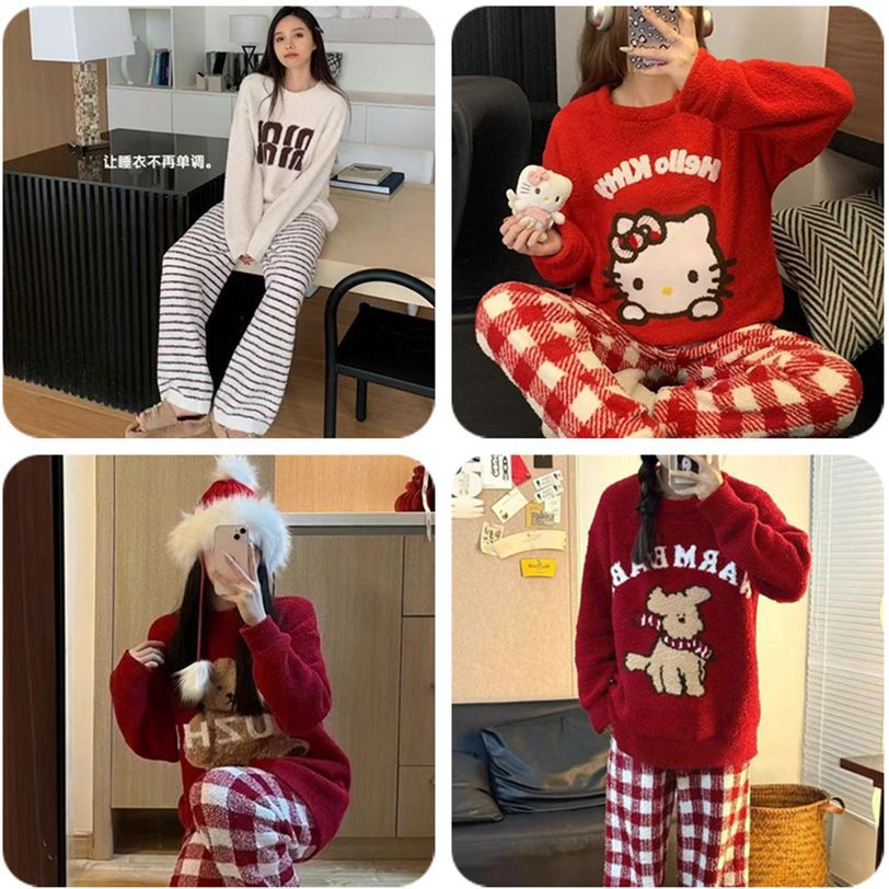 Al por mayor transfronterizo otoño y invierno rojo grueso calentamiento mitad de camisa de terciopelo pijama de mujer encantadora dulce dibujos animados cómodo abrigo para el hogar